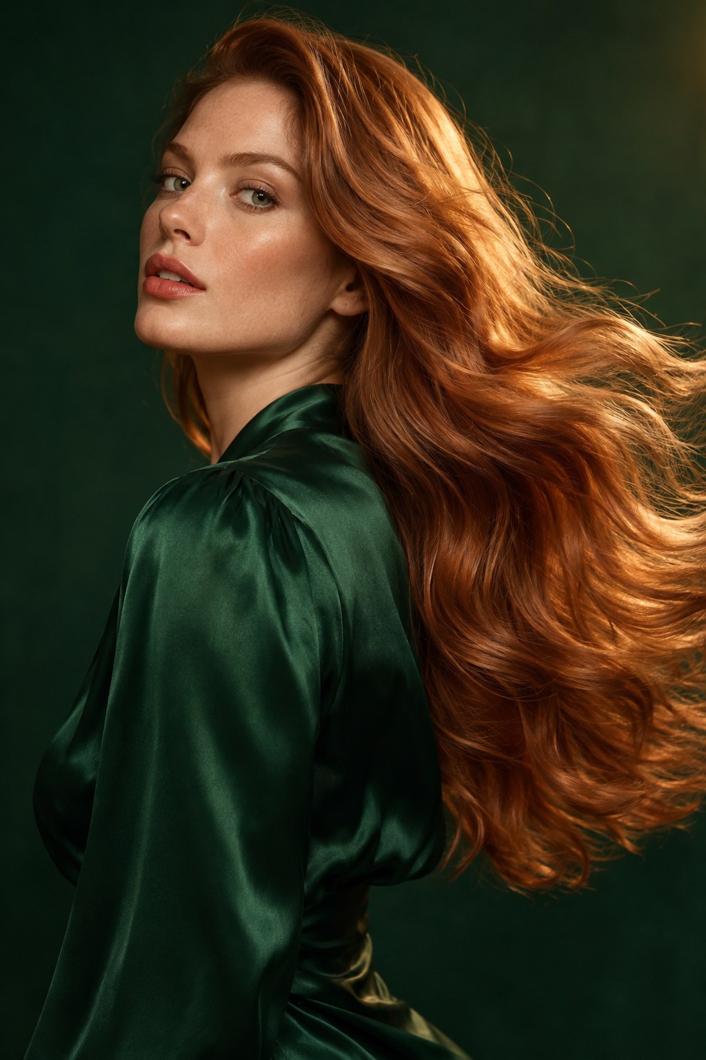 Длинные медные волосы и изумрудная блуза в haircare-концепции — авторский AI-визуал SUPRASENSE